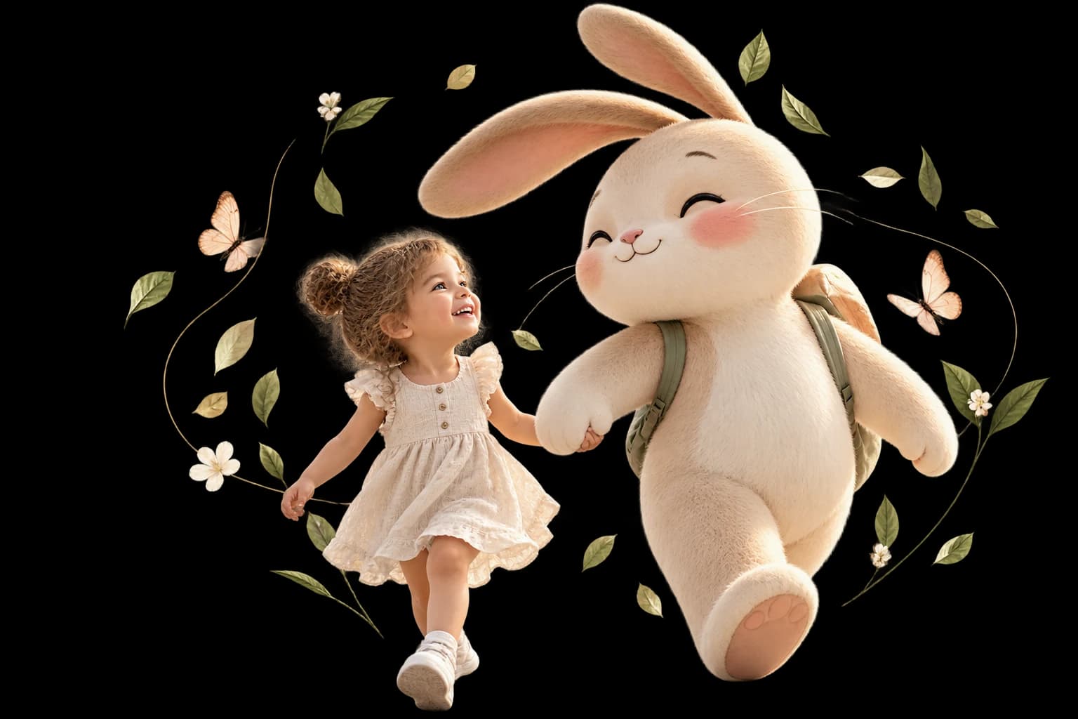 A little girl holding hands with a large, friendly storybook bunny